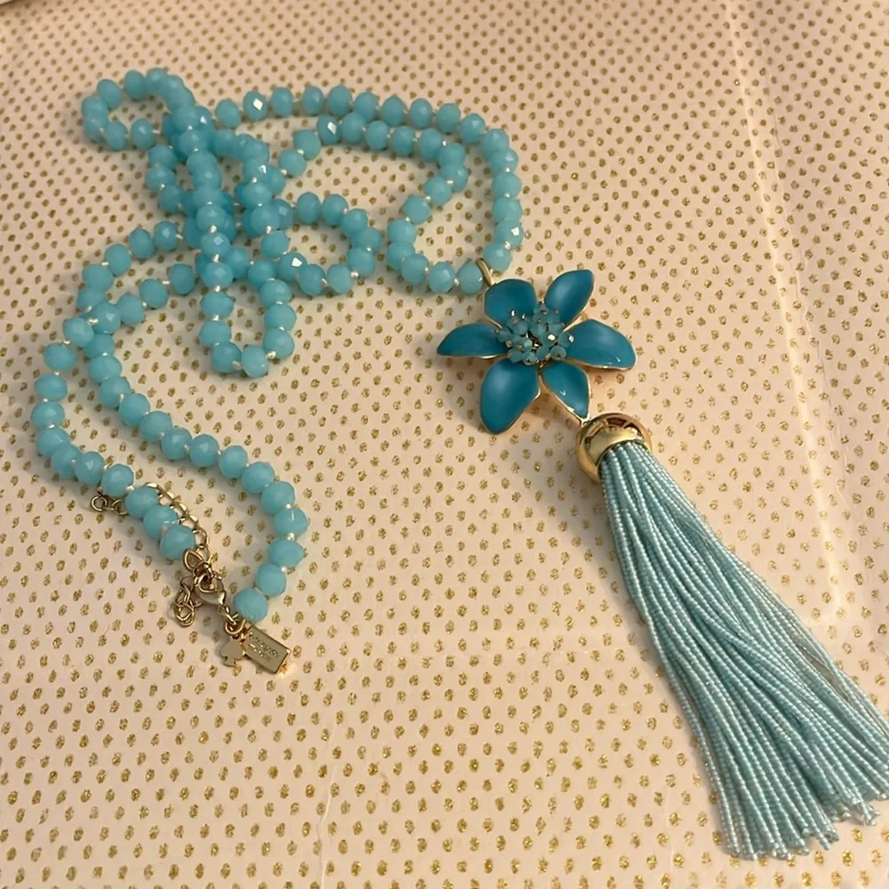 Kate Spade🩵Torquise Enamel Lily/Tassle Necklace with Pouch